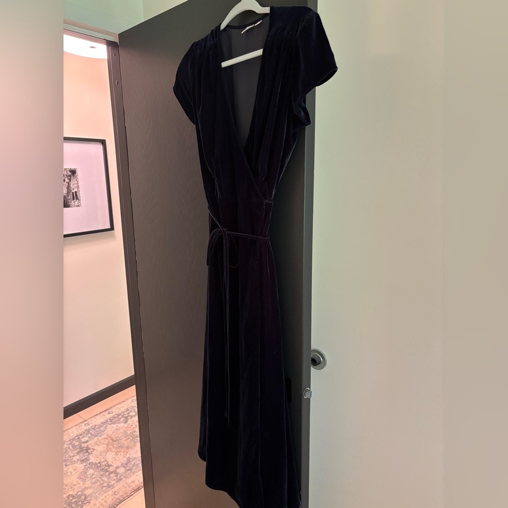 Midnight Blue Velvet Midi Wrap Dress